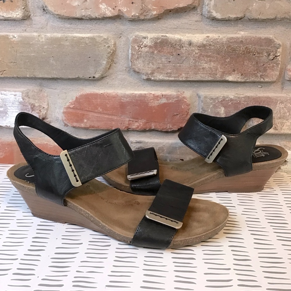 SOFFT Women's Black Leather VERDI LI Wedge Ankle Strap Sandals 10 - Picture 2 of 9